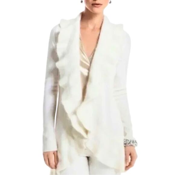 White House Black Market White Ruffle Cardigan Sweater Size Small EUC - Picture 1 of 3
